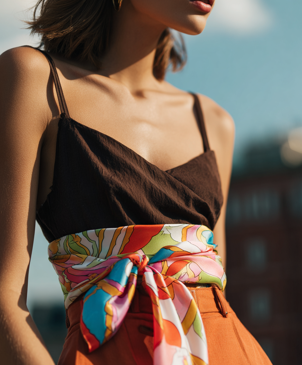Woman wearing a colorful silk foulard tied as a belt over high-waisted trousers.