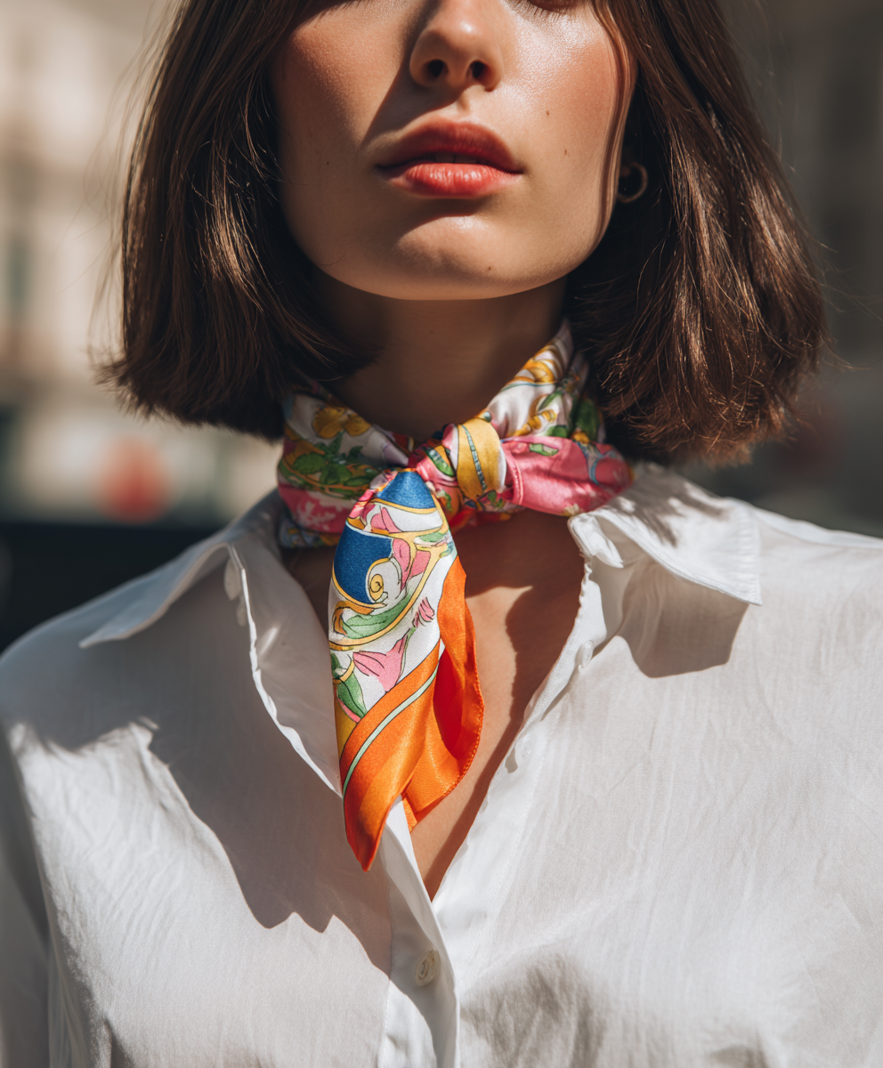 Woman in a white shirt wearing a colorful silk foulard tied around her neck.