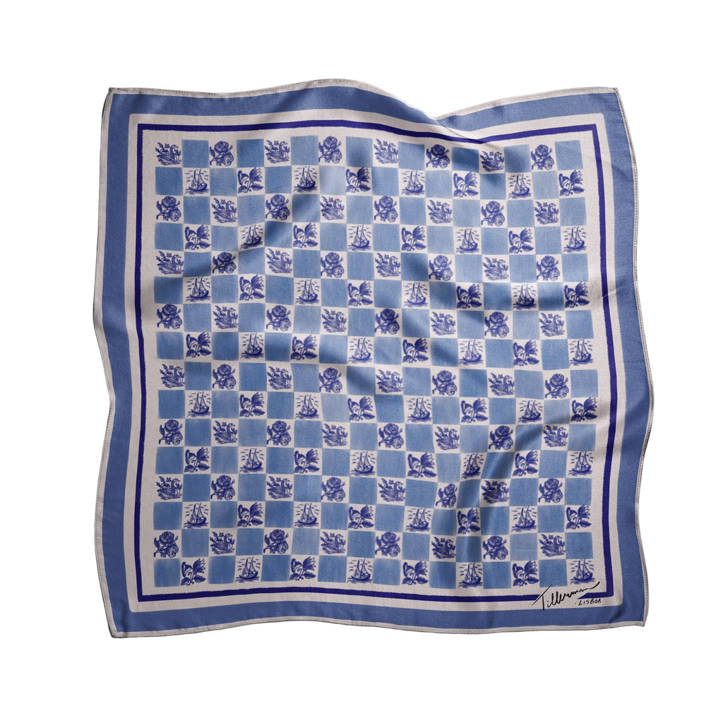 Blue and white silk foulard with a floral checkered pattern, designed and printed in Lisbon by Tillerman, curated by Névoa Zurich.