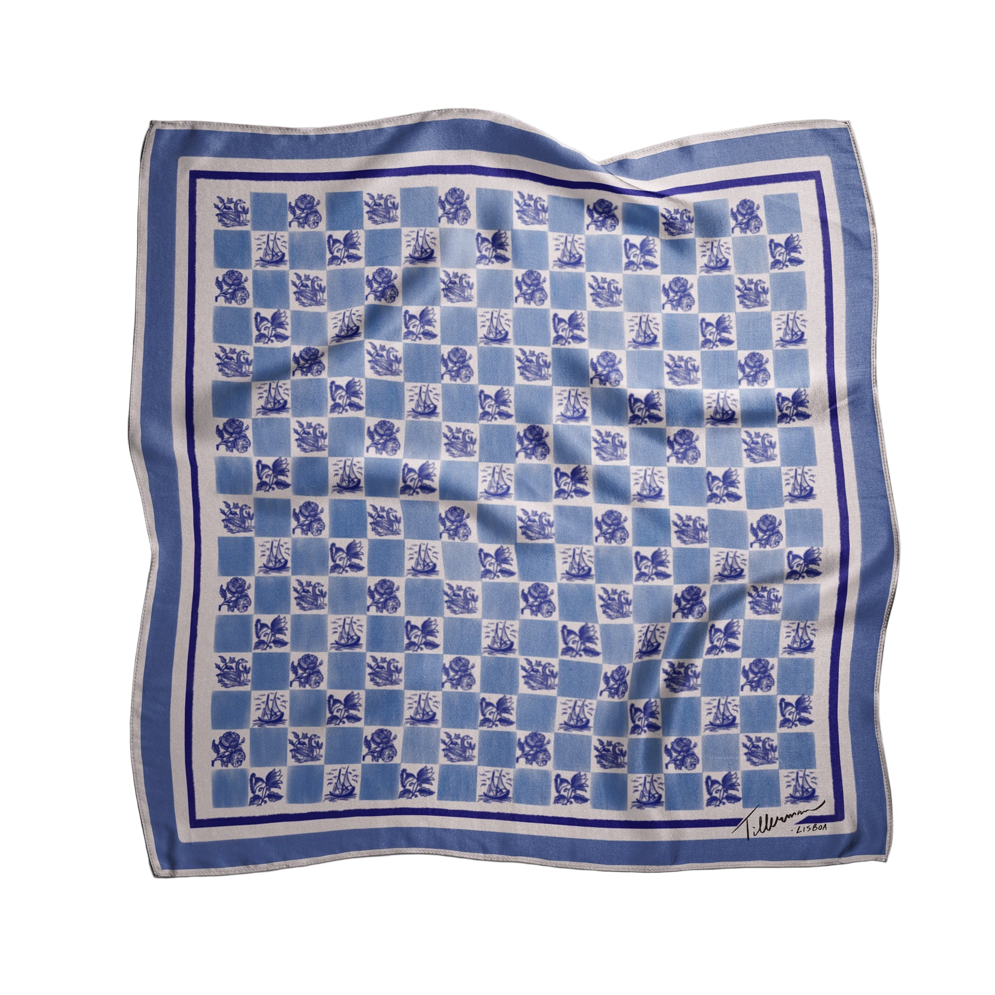 Blue and white silk foulard with a floral checkered pattern, designed and printed in Lisbon by Tillerman, curated by Névoa Zurich.