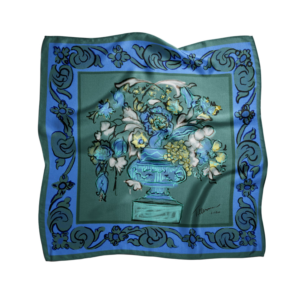 vaso de flores blue silk scarf with hand-drawn floral vase motif, crafted in Italy by Névoa Zurich