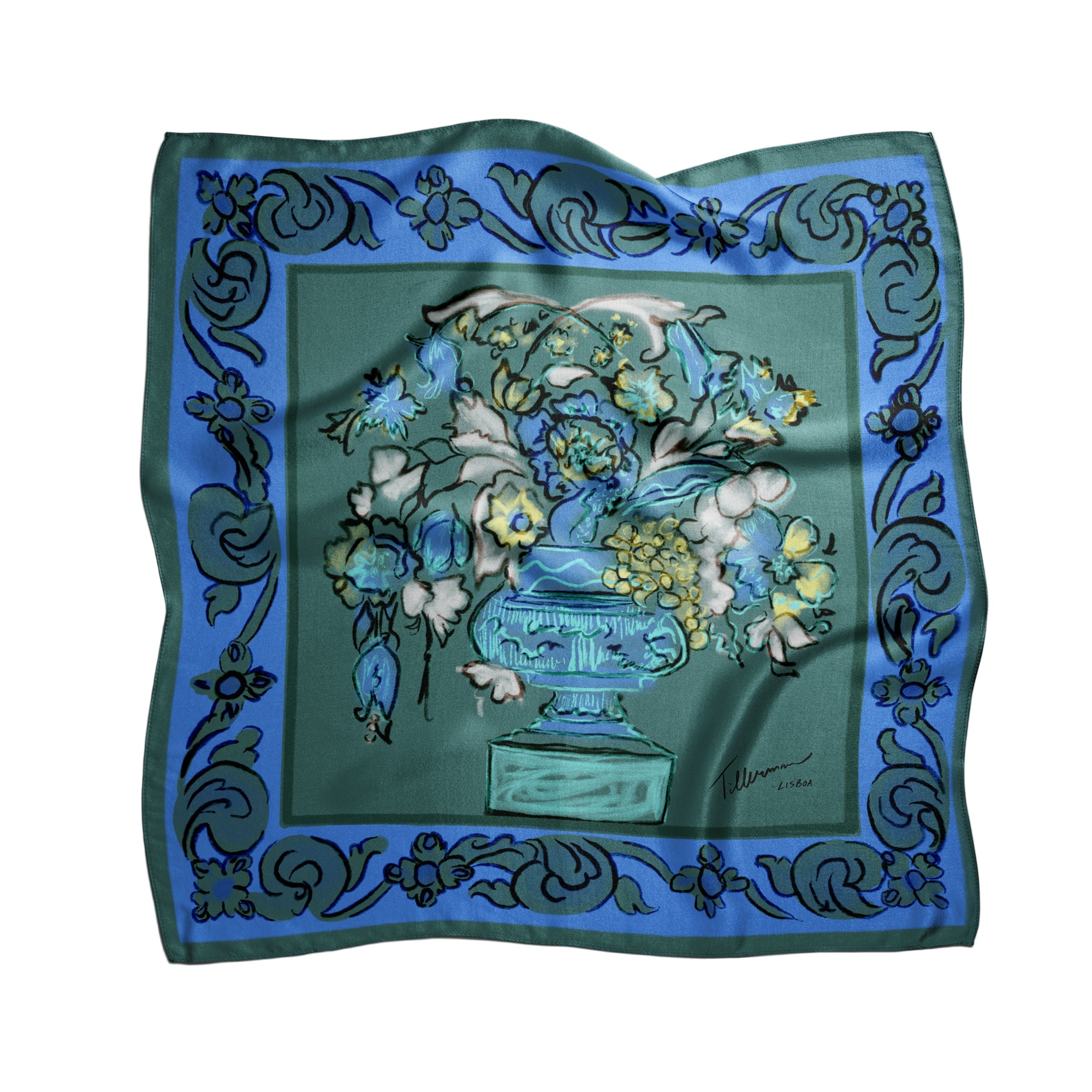 vaso de flores blue silk scarf with hand-drawn floral vase motif, crafted in Italy by Névoa Zurich