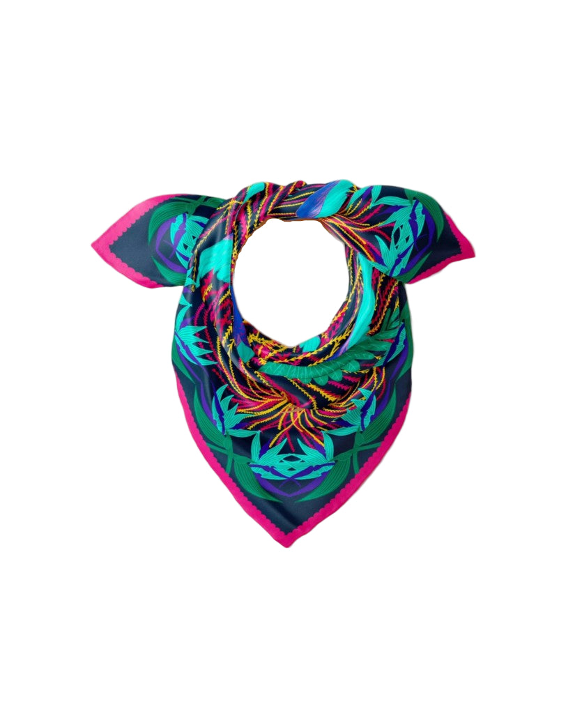 dark green pink rim silk scarf named les oiseaux de paradis tied to a knot