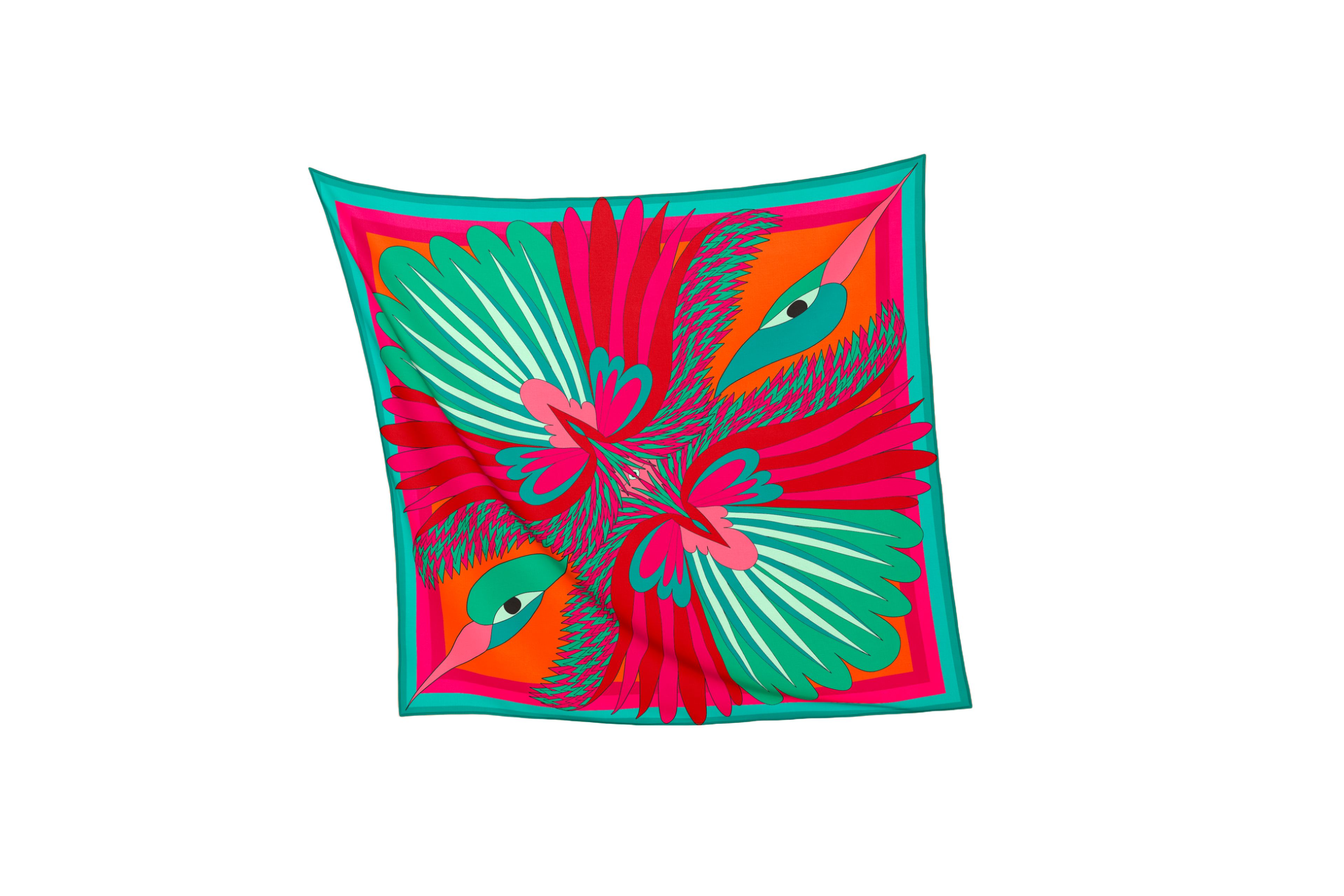 full view of purple green pink orange silk cotton foulard named carnaval émeraude with decorative birds and bold colorful patterns