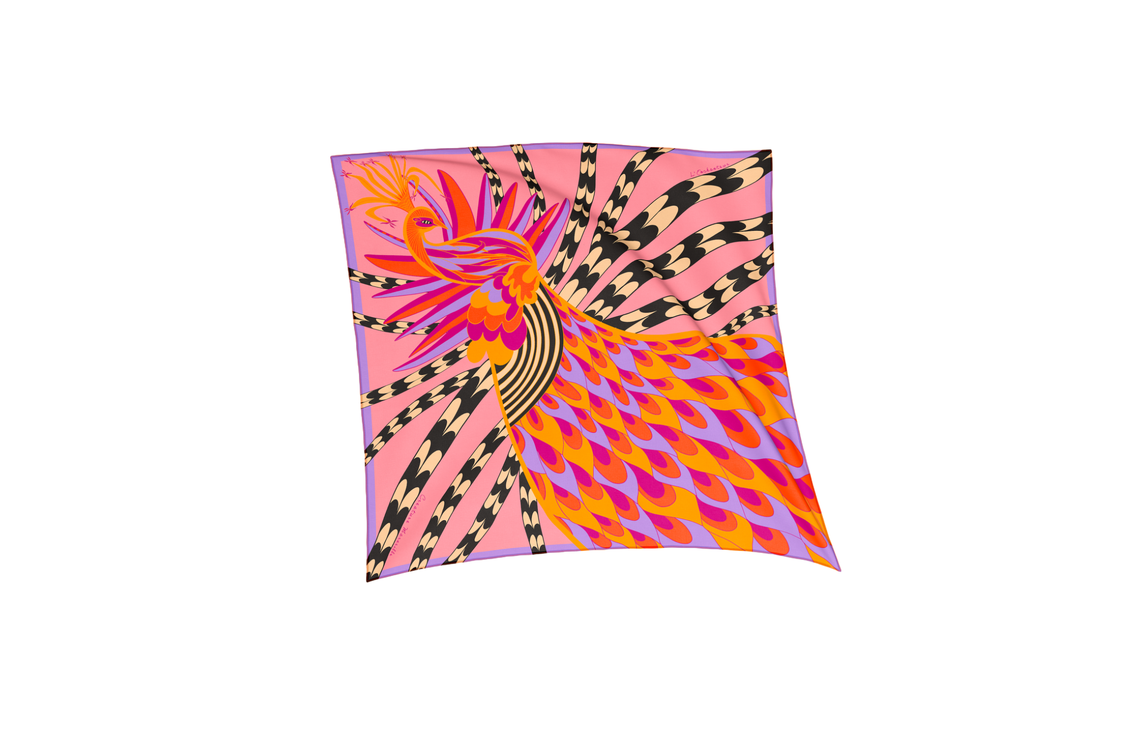 full view of light pink silk cotton foulard named l'enchanteur rose with purple, pink and orange bird and decorative elements