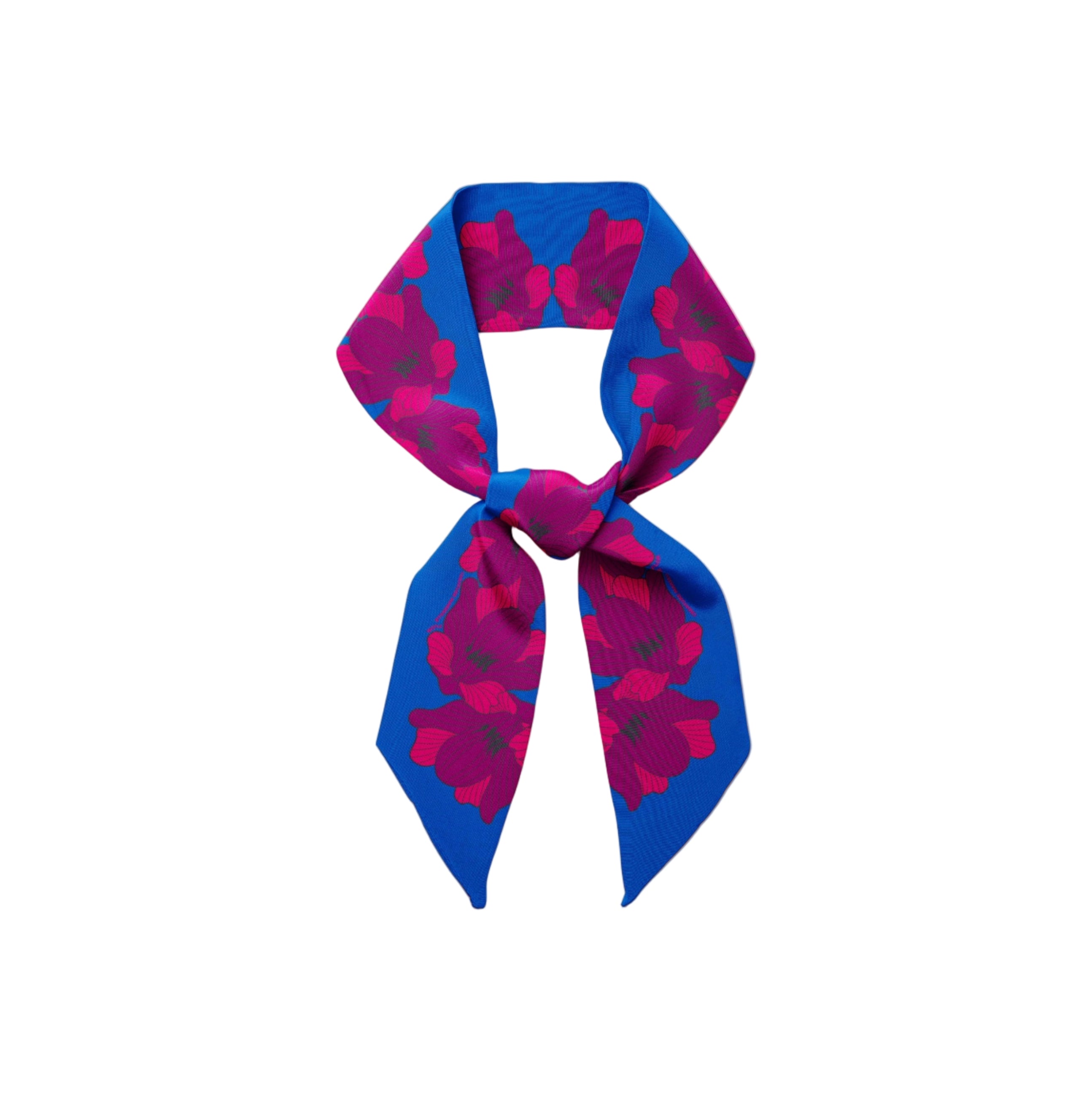 Silk twilly flor bleu mit pink flowers tied with a knot