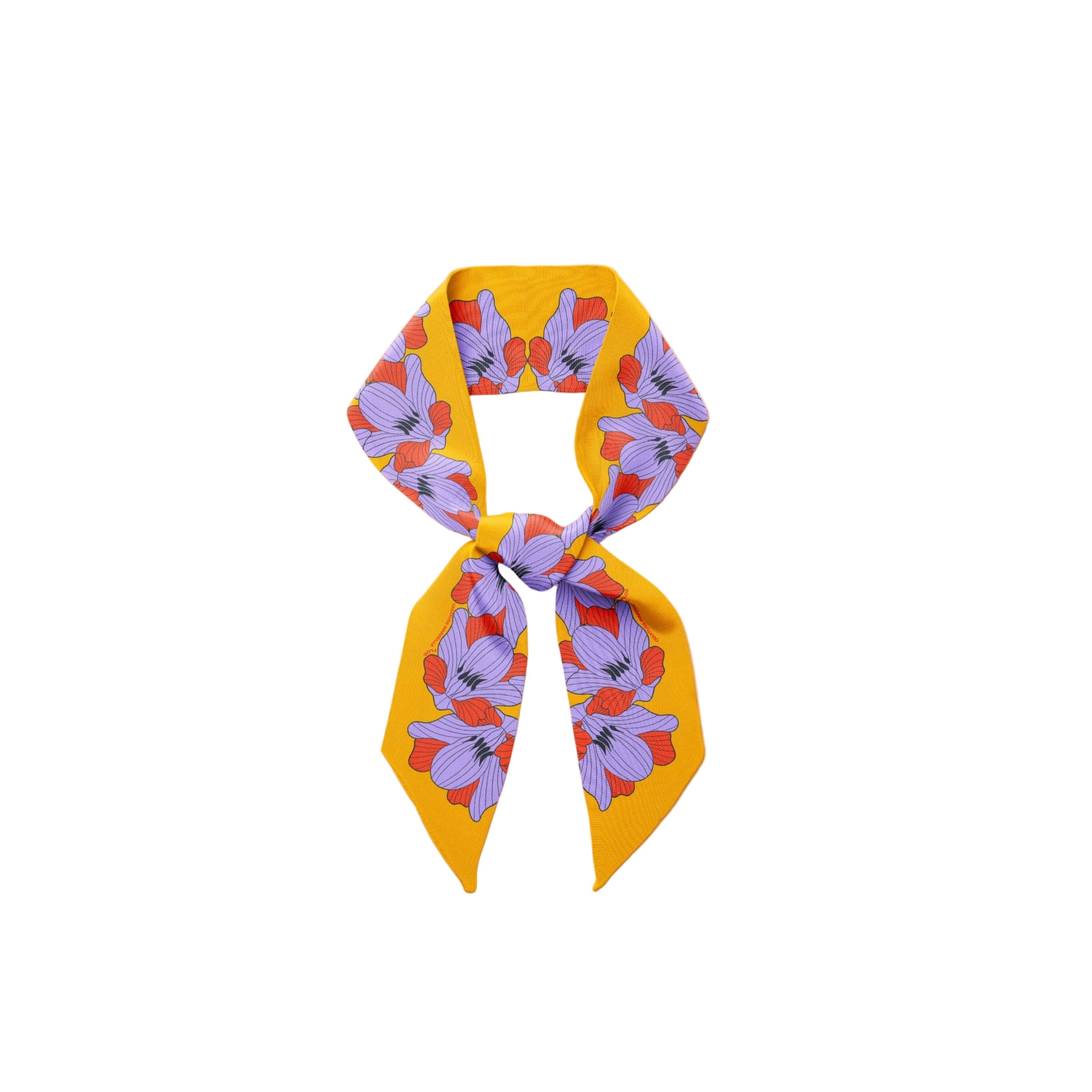silk twilly flor jaune soleil with purple and orange flowers tied to a knot